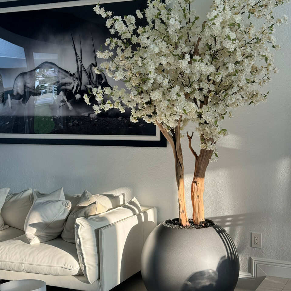 Matte Gun Metal Globe with Custom Made Cherry Blossom Tree