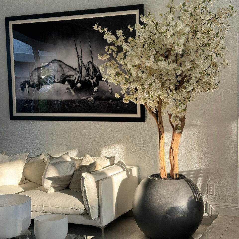 Matte Gun Metal Globe with Custom Made Cherry Blossom Tree
