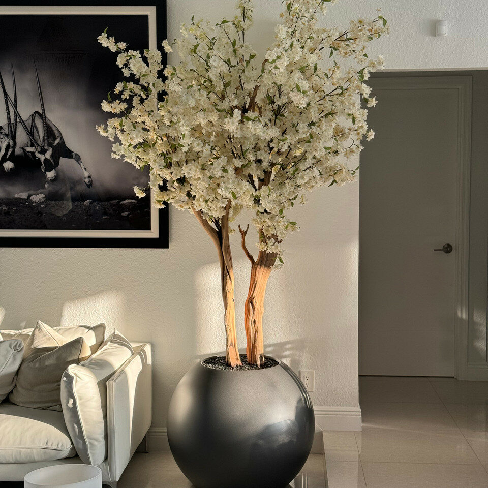 Matte Gun Metal Globe with Custom Made Cherry Blossom Tree
